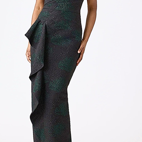 NWT Rickie Freeman Teri Jon black green pewter jacquard off shoulder formal gown - Picture 5 of 12